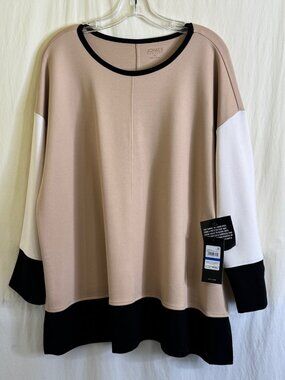 NWT Jones New York Women's Colorblock Top SZ XL 3/4 Sleeves Beige Cream & Black
